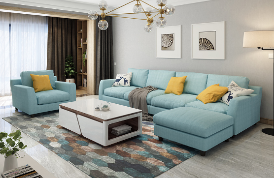 实木框架乳胶颗粒 现代转角布艺沙发组合 客厅沙发米色